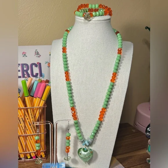 Murano Jade Green & Orange Glass & Shell 🐚 Handmade Artisan Jewelry set. - Picture 2 of 8